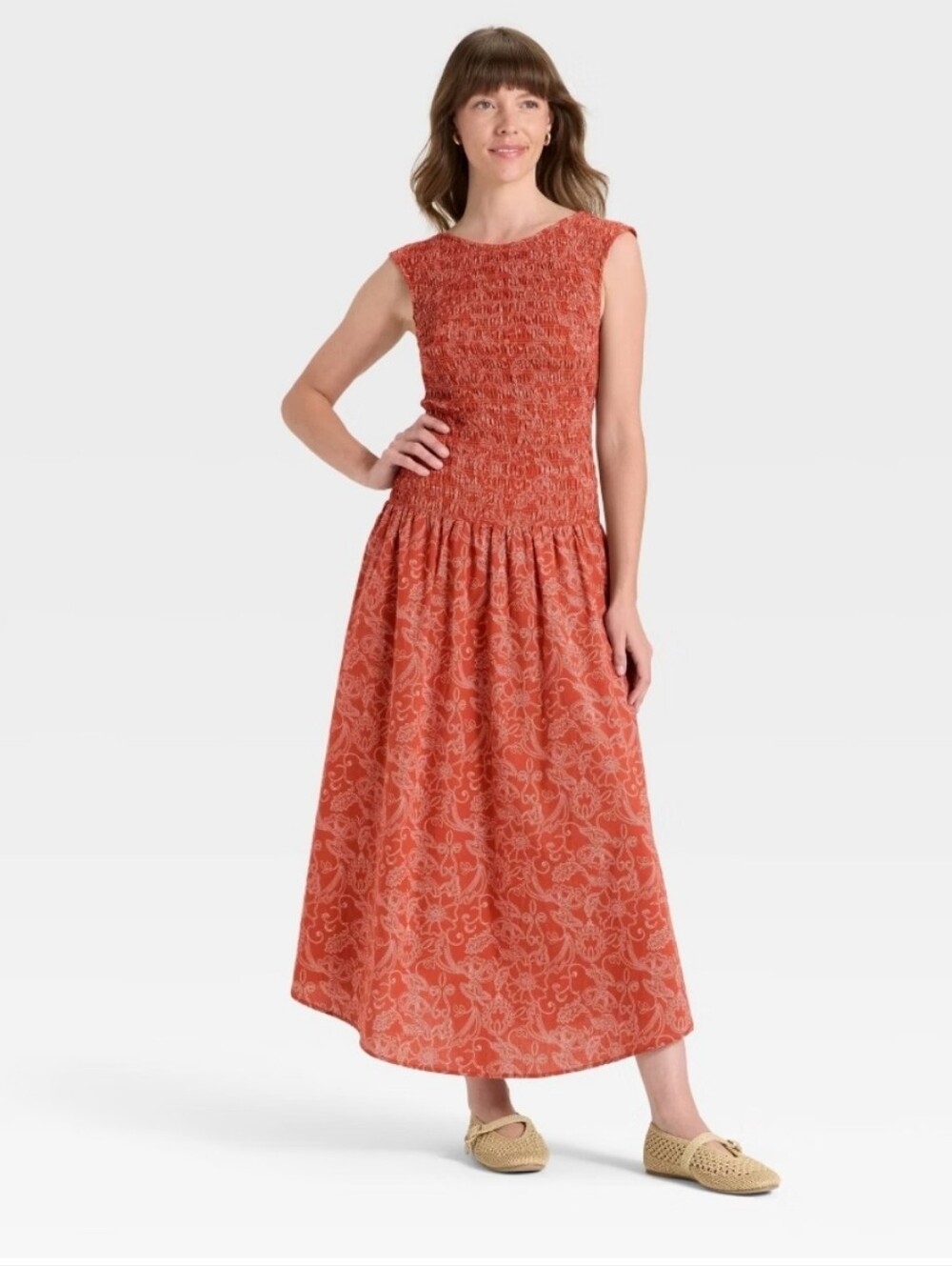 Women's Smocked Midi A-Line Dress - Universal Thread Rust Floral M